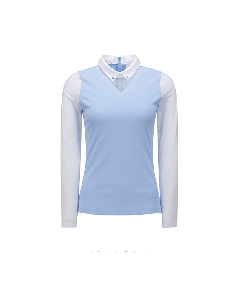 Women's Triangle Mesh Block Long T-Shirt - S/Blue