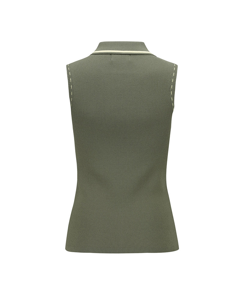 Women Sleeveless Collard Sweater - Khaki