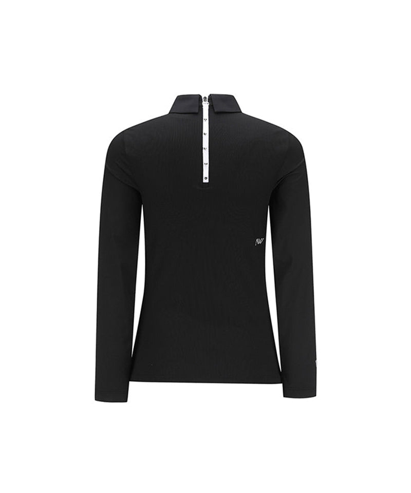 Women's Sleeve Block Back Zipper Point Ribbed Long T-Shirt - Black