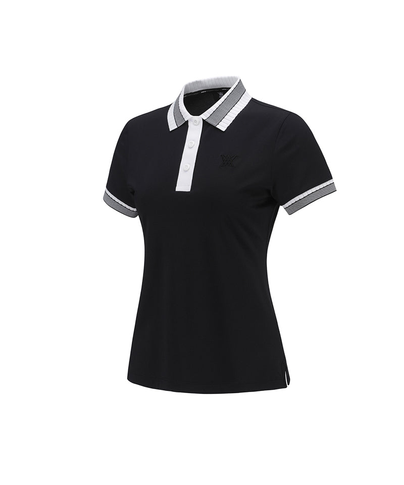 Women Collar Color Block Short T- Shirt - Black