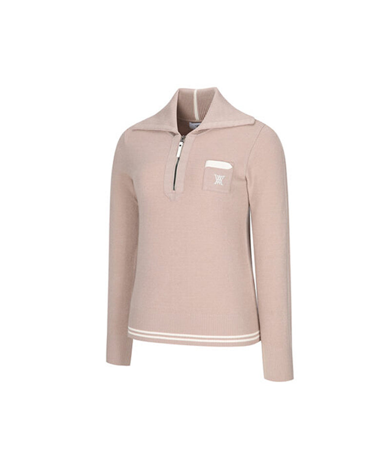 Women's Wide Collar Half Zip-Up Pullover - Light Beige