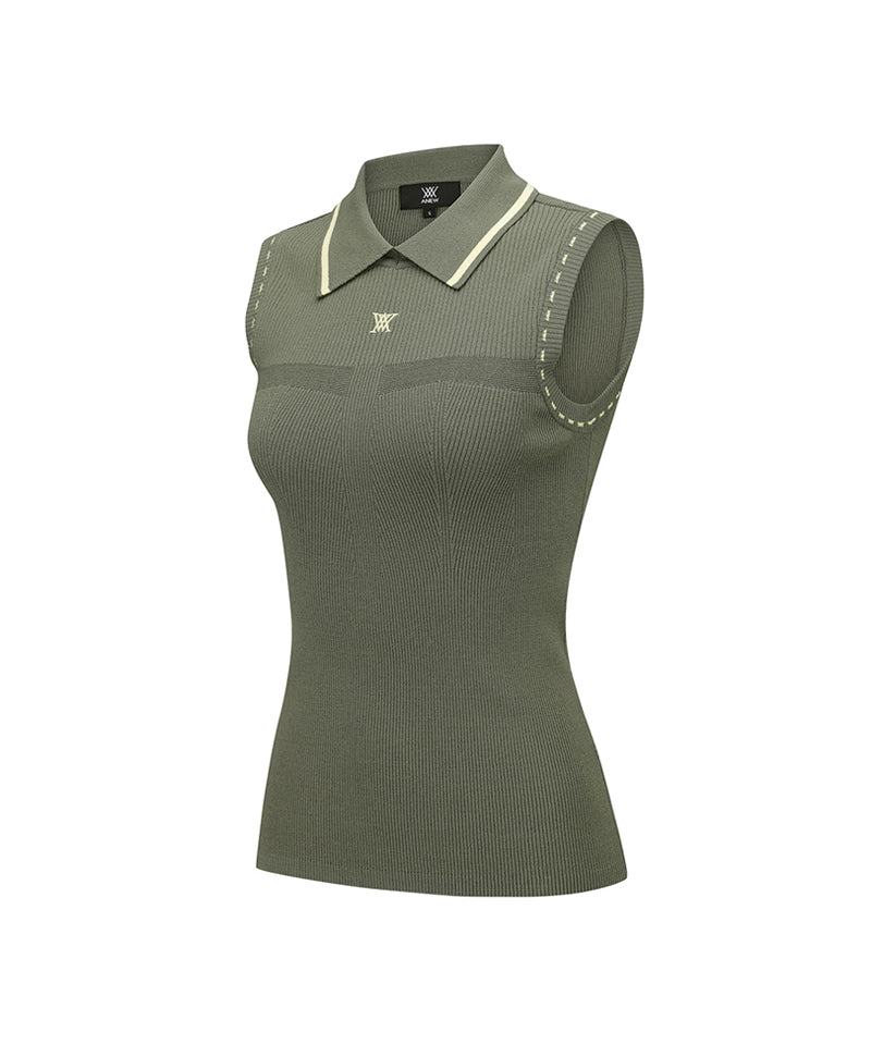 Women Sleeveless Collard Sweater - Khaki