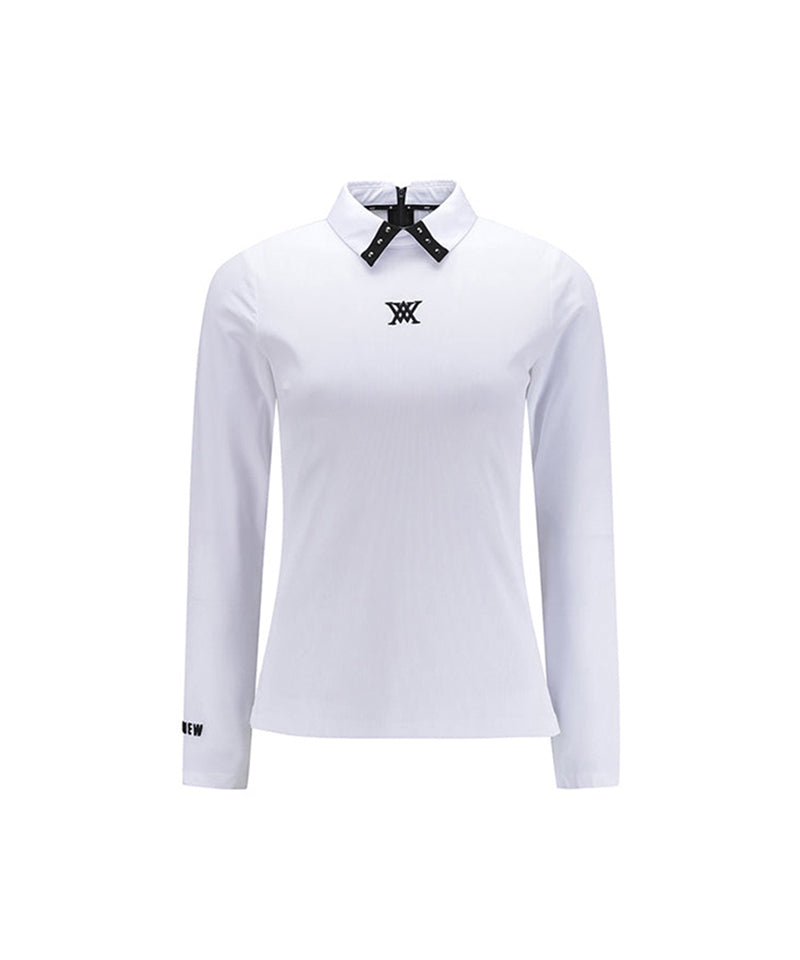 Women's Sleeve Block Back Zipper Point Ribbed Long T-Shirt - White