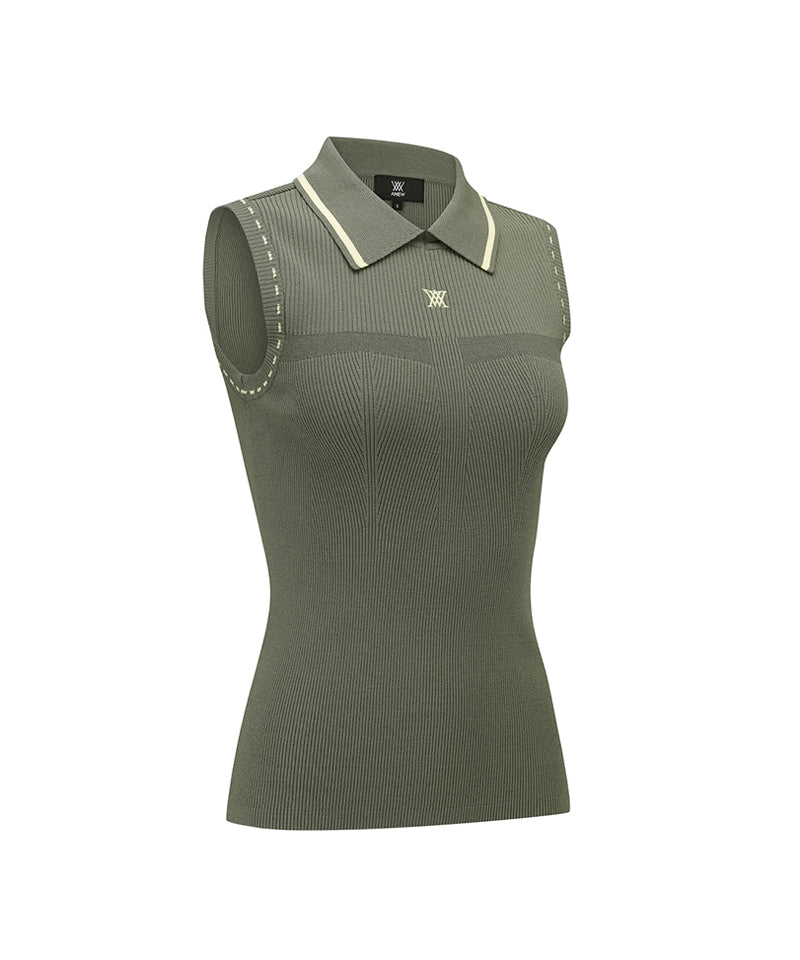 Women Sleeveless Collard Sweater - Khaki