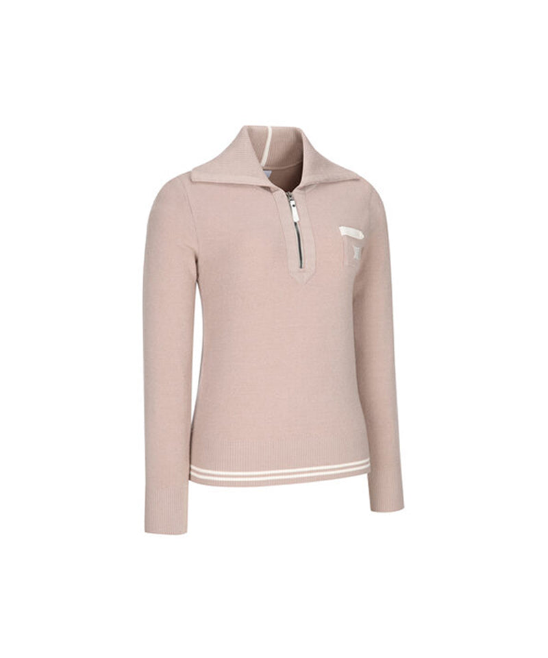 Women's Wide Collar Half Zip-Up Pullover - Light Beige