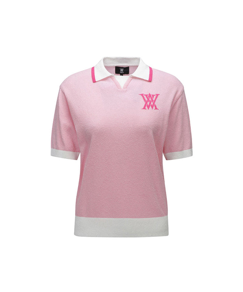 Women's Chest Big Logo Collar Short Sweater - Light Pink