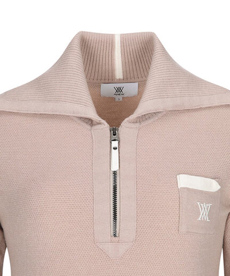 Women's Wide Collar Half Zip-Up Pullover - Light Beige