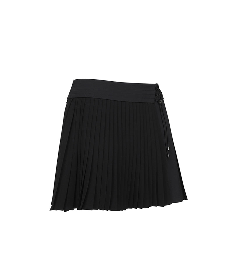 W Lace Up Waist Pleats SQ - Black