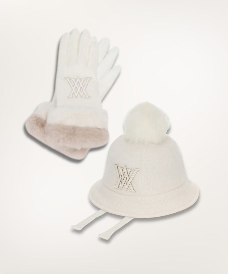 ANEW GOLF Women's  Furry Gloves & Women's Bell Bucket Hat - Ivory SET