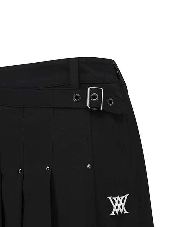 Women's Buckle Decoration Pleats Skirt - Black